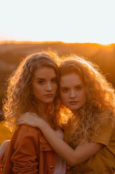 在金色的日落中，两个卷发的年轻女子相拥