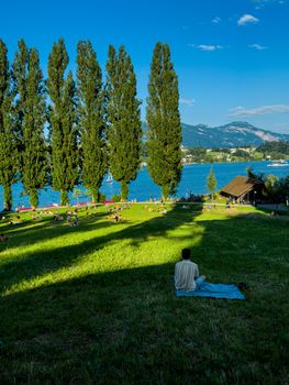 Relaxing summer day at a lakeside park with lush greenery and mountains.