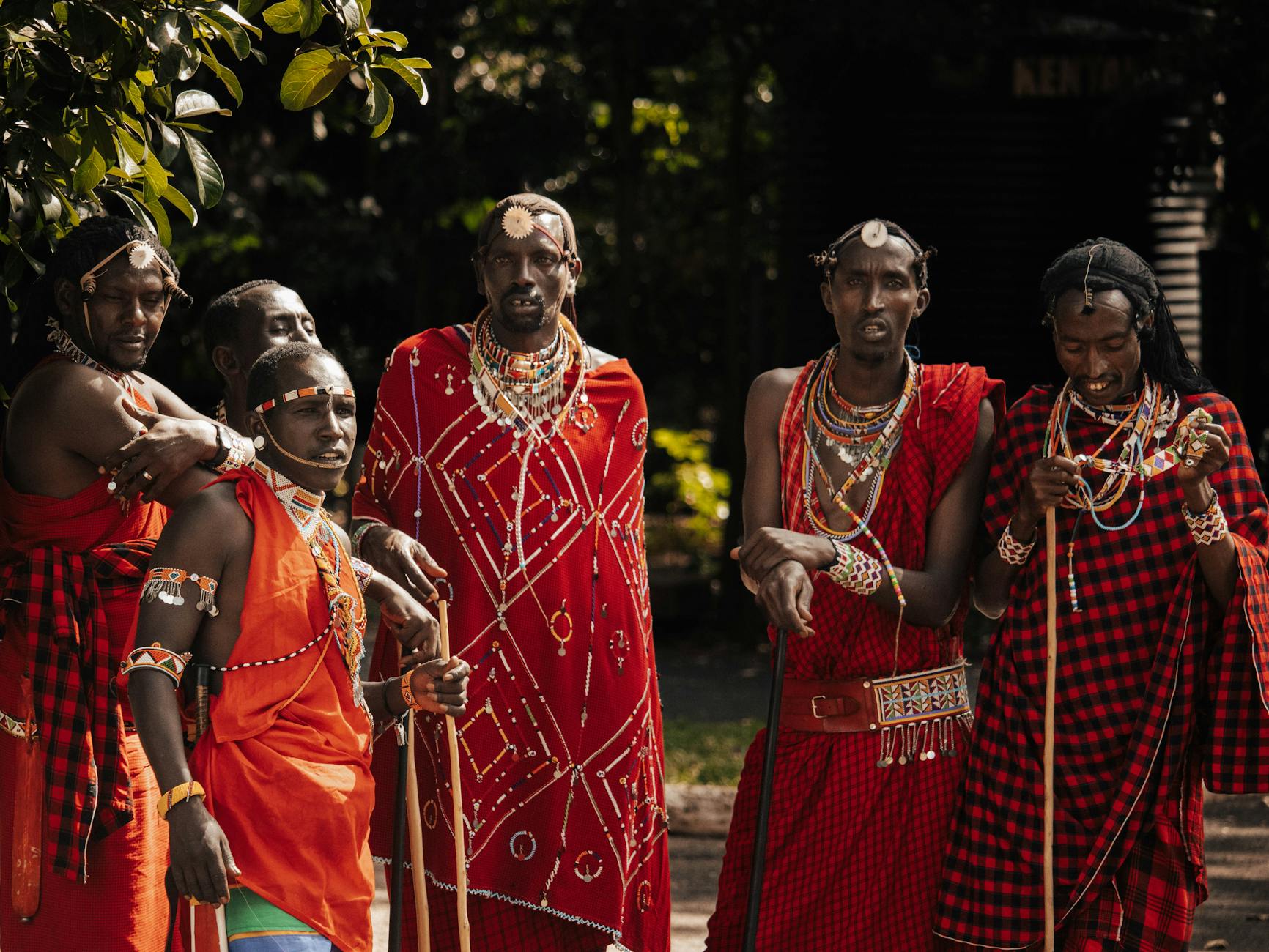 Maasai dancers in traditional attire performing in Nairobi, Kenya. Vibrant cultural expression.