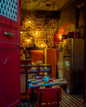 Warm and inviting vintage kitchen interior with retro decor in Istanbul, Turkey.