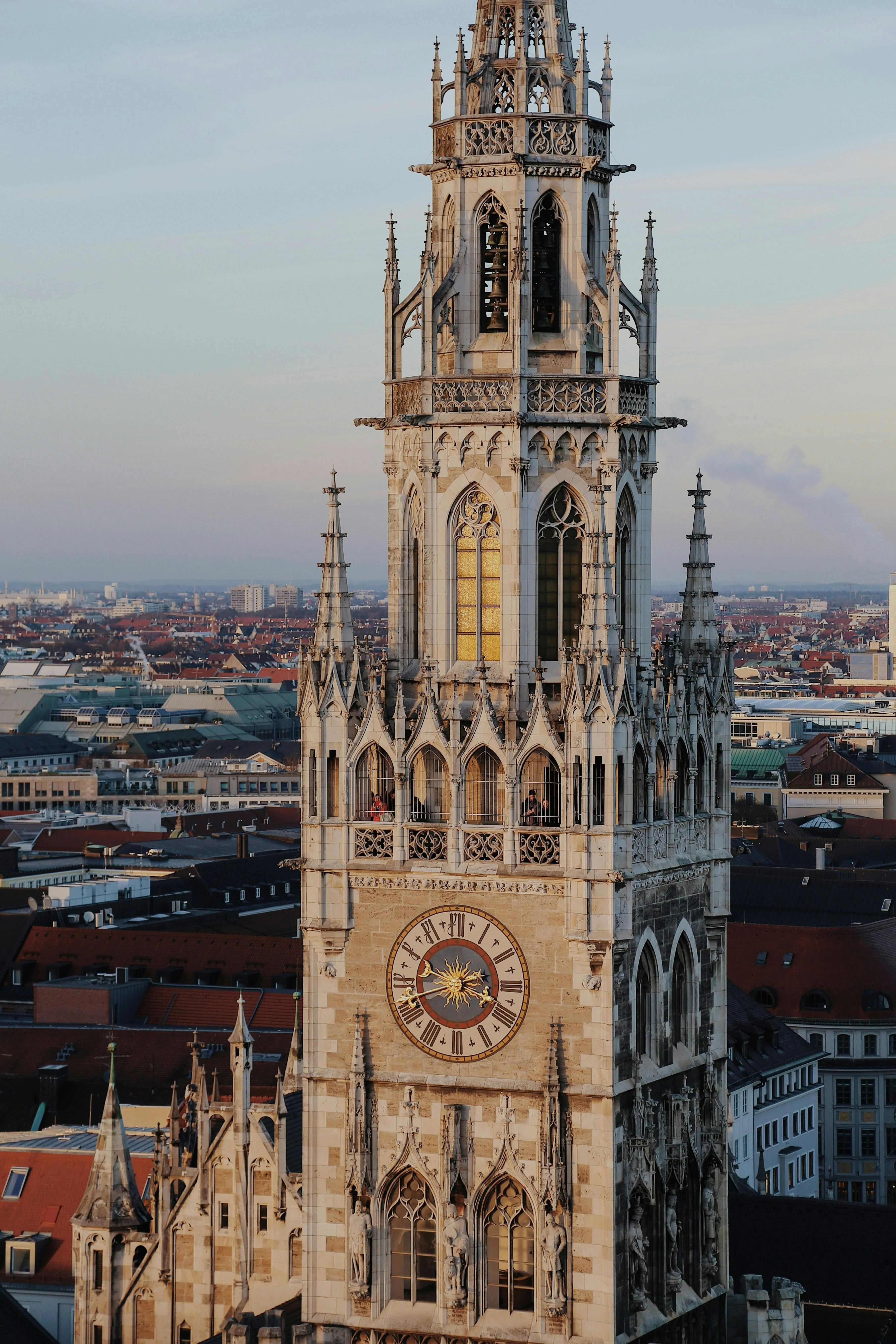 Aerial view of the Gothic New Town Hall with its famous clock tower in Munich, Germany.