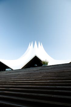 Minimalist view of the Tempodrom in Berlin, showcasing its unique roof against a clear blue sky.