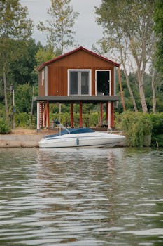 Charming riverside cabin with a moored speedboat in lush green surroundings, perfect for summer escape.