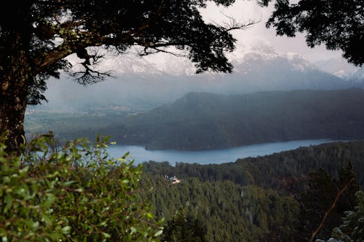 Beautiful panoramic view of Bariloche's lake and mountain landscape with lush foliage.