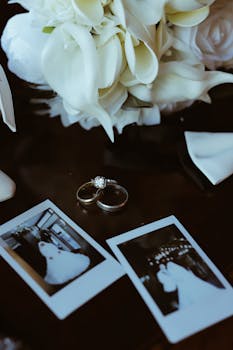 Close-up of wedding rings with white flowers and romantic polaroids.