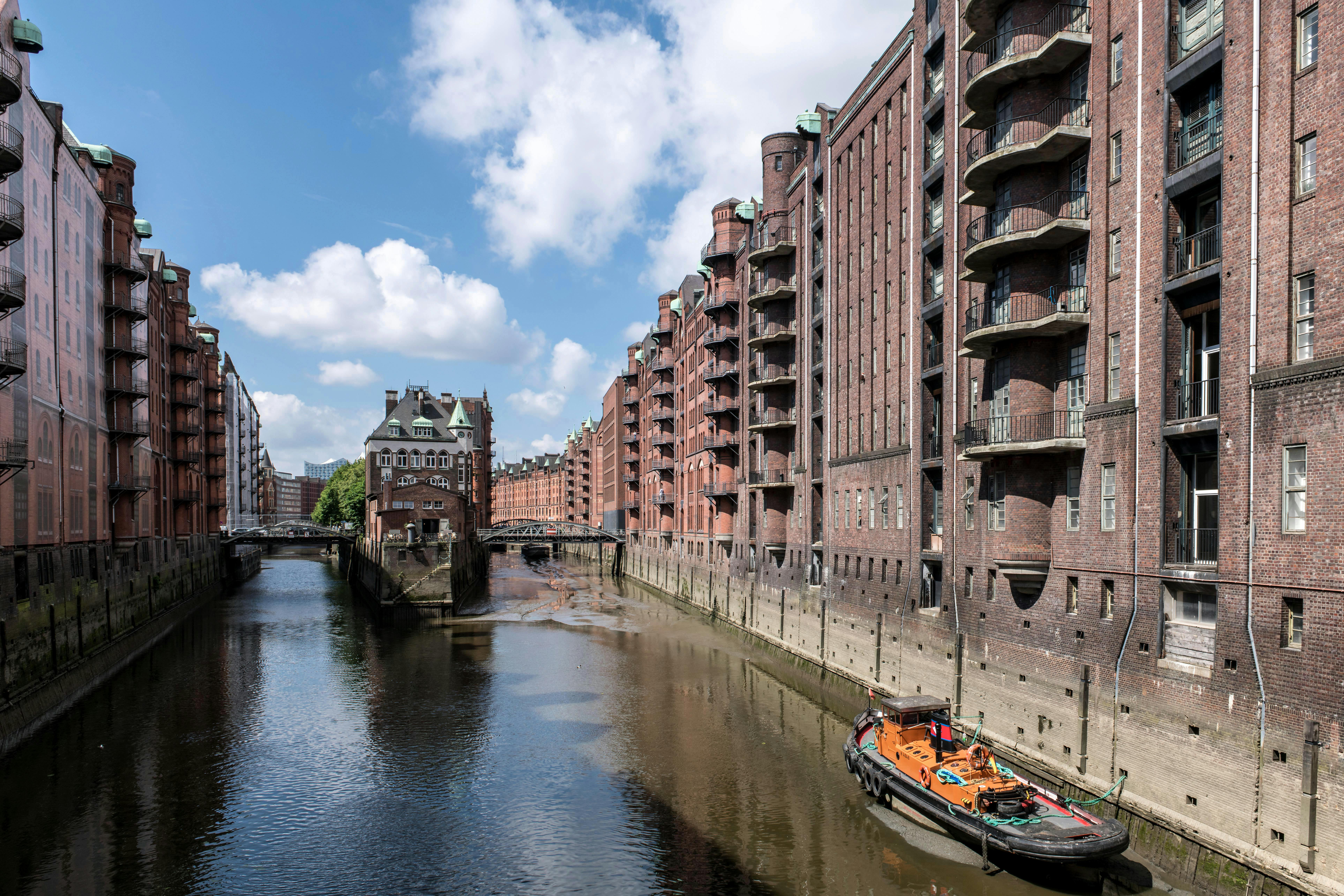Historic warehouse district with canals in Hamburg, a UNESCO World Heritage Site.