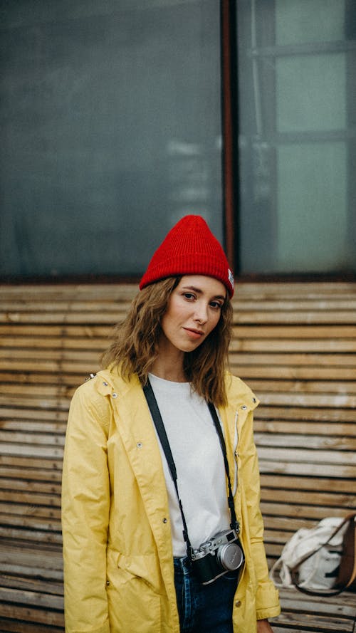 Woman in Red Bonnet Wearing Camera