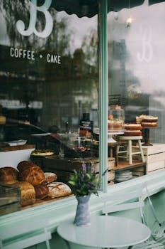 牛津一家咖啡馆的橱窗温暖而诱人，展示着新鲜出炉的食品和蛋糕