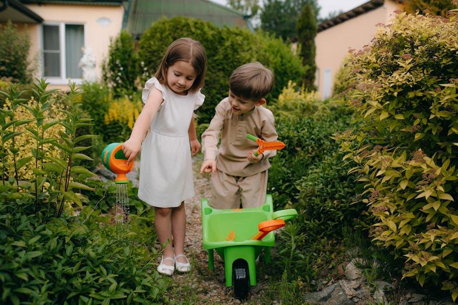 children playing in clean spring yard - spring dog poop clean up children playing in clean spring yard - spring dog poop clean up