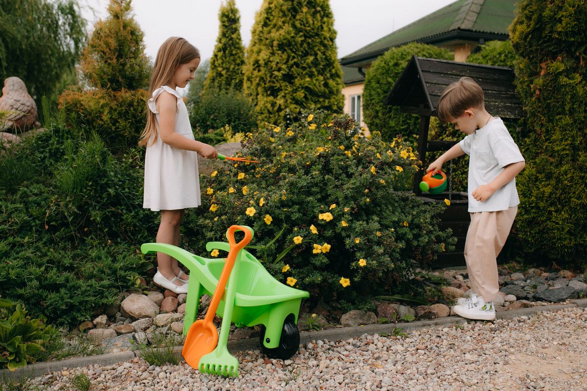 Children playing in a backyard garden