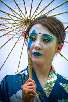 A striking portrait of a woman in Japanese-inspired attire with vibrant makeup holding a parasol.