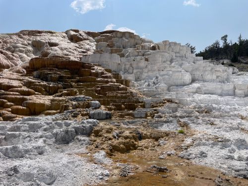 Free Explore the stunning travertine terraces at Yellowstone under a bright summer sky. Stock Photo