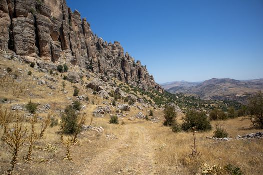 Explore the unique rocky landscape of Çermik, Diyarbakır, under clear blue skies.