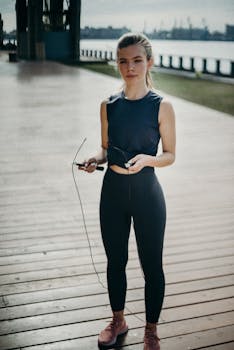 阳光明媚的日子里，一位穿着运动服的年轻女子在户外跳绳锻炼