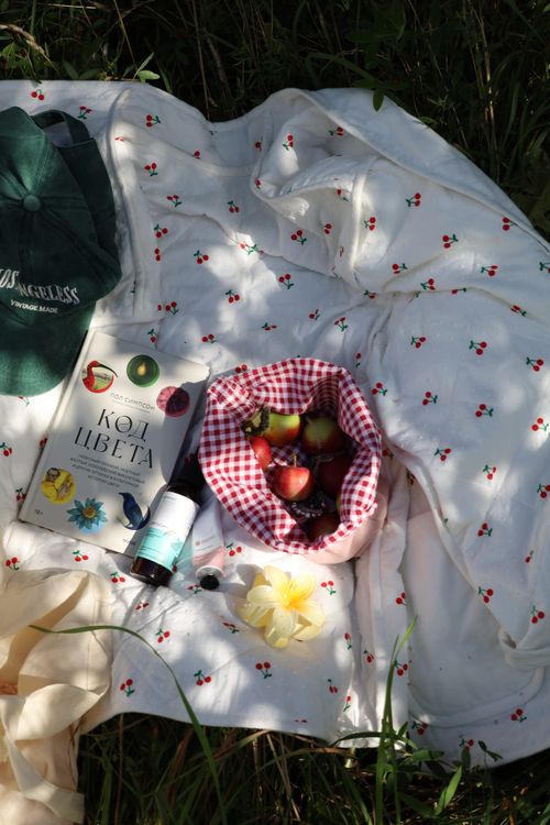 Free A cozy picnic scene with fruits, a book, and a drink on a patterned blanket. Stock Photo