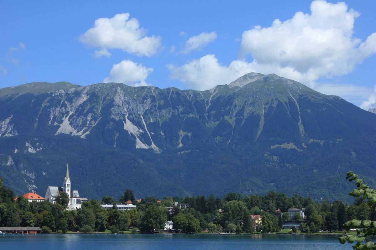 Lake Bled and the surrounding mountains seen from a height