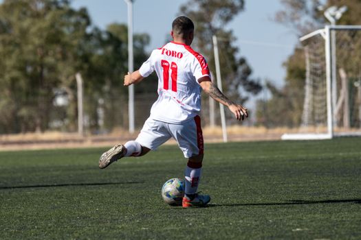Soccer player in action, kicking a ball on a sunny outdoor field.