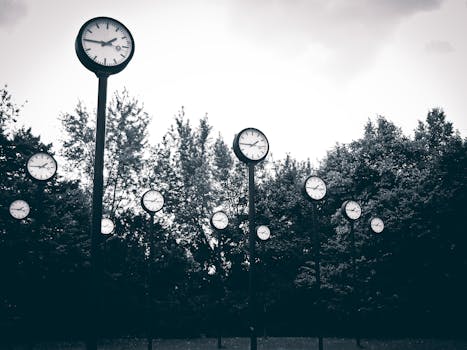 公园的树木背景前，一组时钟营造出超现实的场景