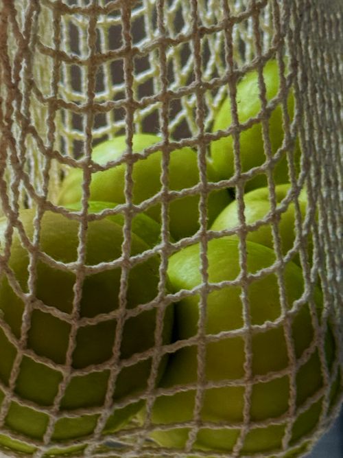Free A close-up view of fresh green apples inside a mesh bag, showcasing texture. Stock Photo