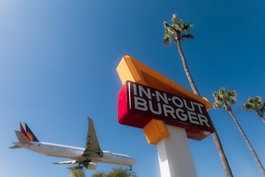 Airplane flies over In-N-Out Burger sign framed by palm trees under a clear blue sky.