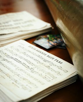 An artistic close-up shot of vintage sheet music on a wooden table, evoking a classic mood.