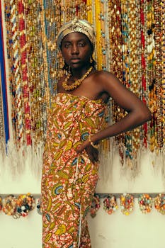 Portrait of a woman wearing vibrant African dress and jewelry, symbolizing cultural heritage.