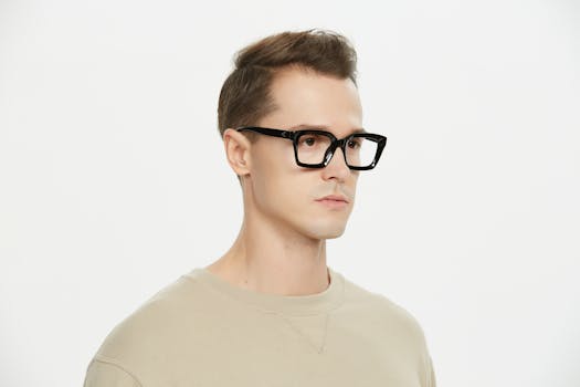 Portrait of a young man wearing black glasses, showcasing modern fashion in a studio setting.