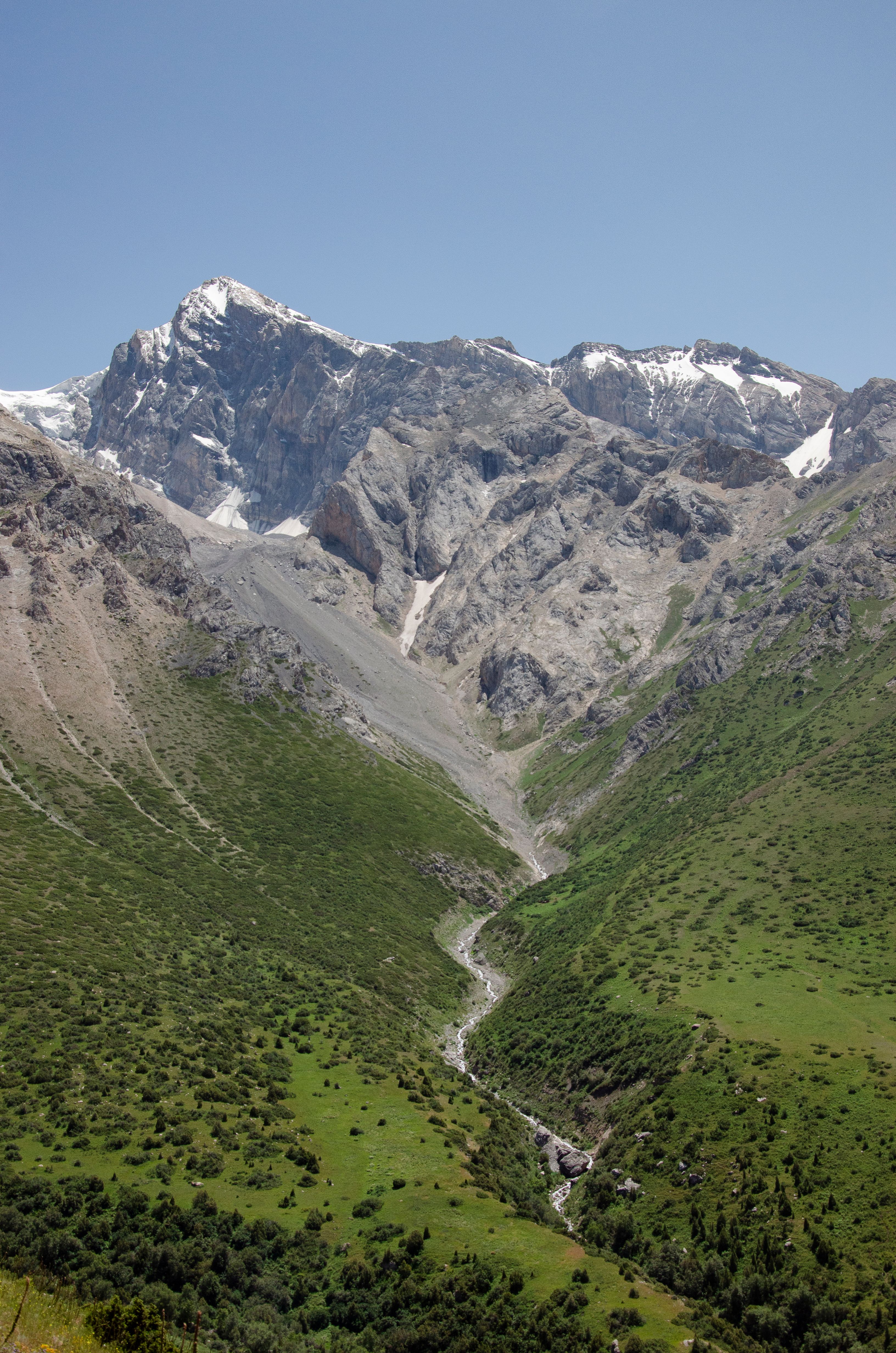 A scenic view of snow-capped mountains and lush green valleys in Shymkent.