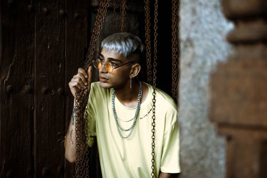 一位戴着链子和眼镜的时尚年轻人，摆出一副若有所思的表情