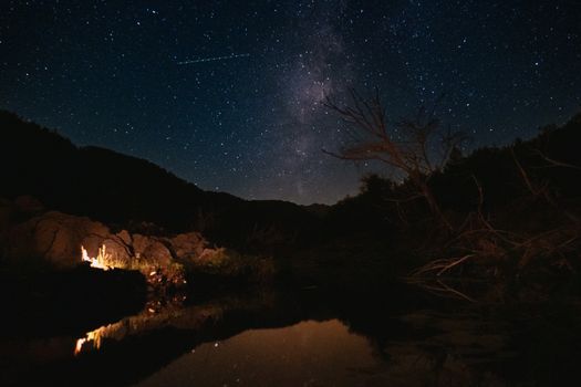 A breathtaking view of the Milky Way reflecting in a calm lake with a rocky foreground under a starry sky.