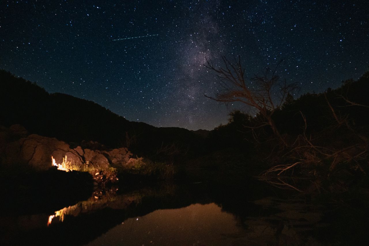 a breathtaking view of the milky way reflecting in a calm lake with a