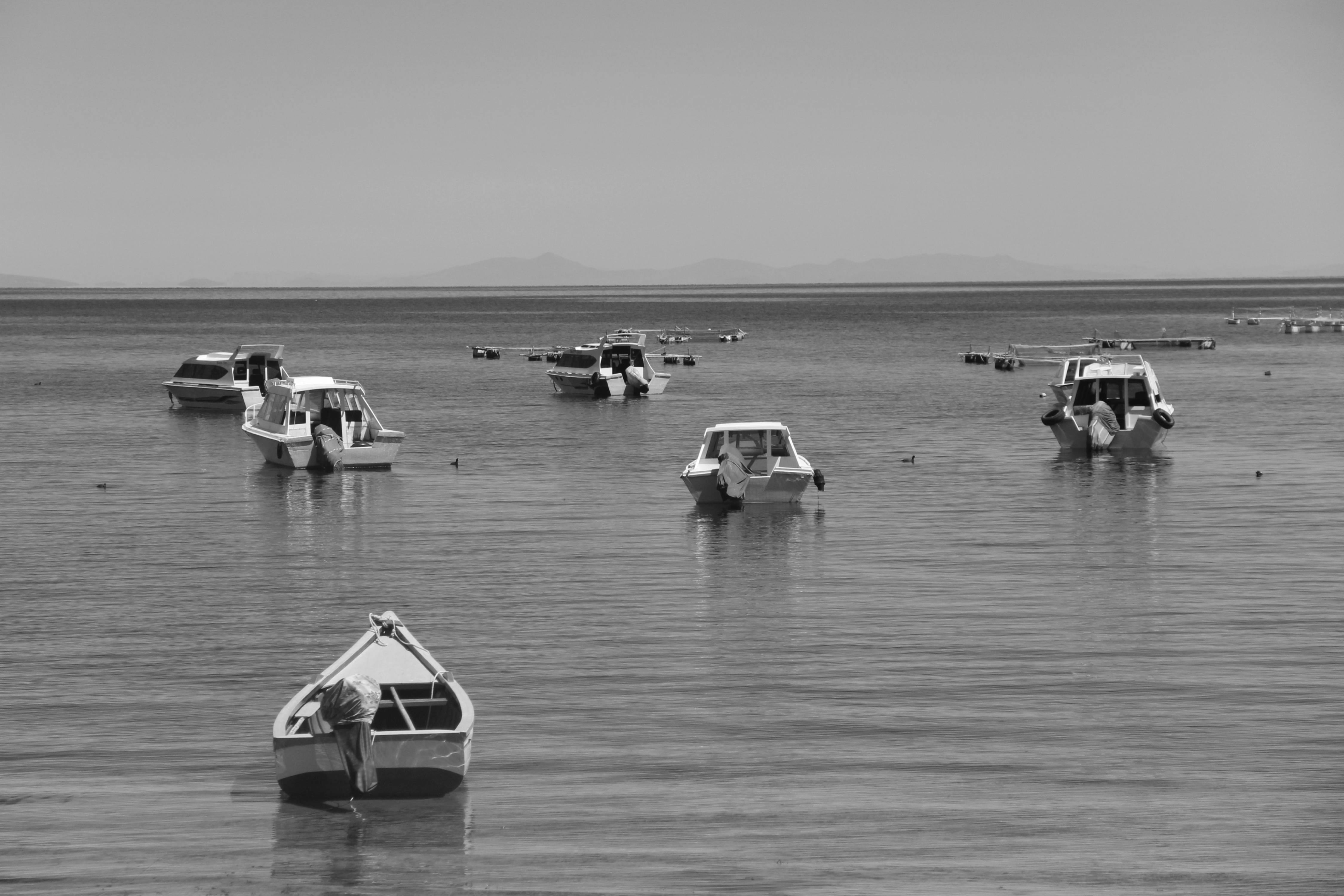 Peaceful black and white shot of moored boats on calm waters in El Alto, Bolivia.