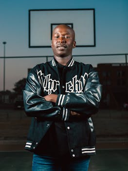 Bald man in a stylish jacket standing confidently on an outdoor basketball court at dusk.