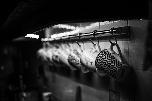 Artistic black and white photo of coffee mugs hanging, highlighting intricate designs.
