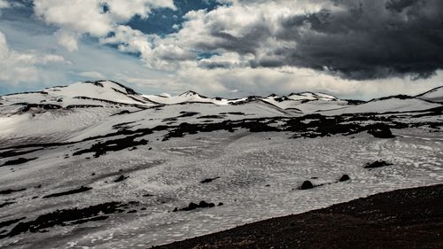 Free Scenic view of snow-covered Icelandic mountain range with dramatic clouds. Stock Photo