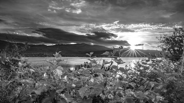 Black and white photo of sun setting over lake