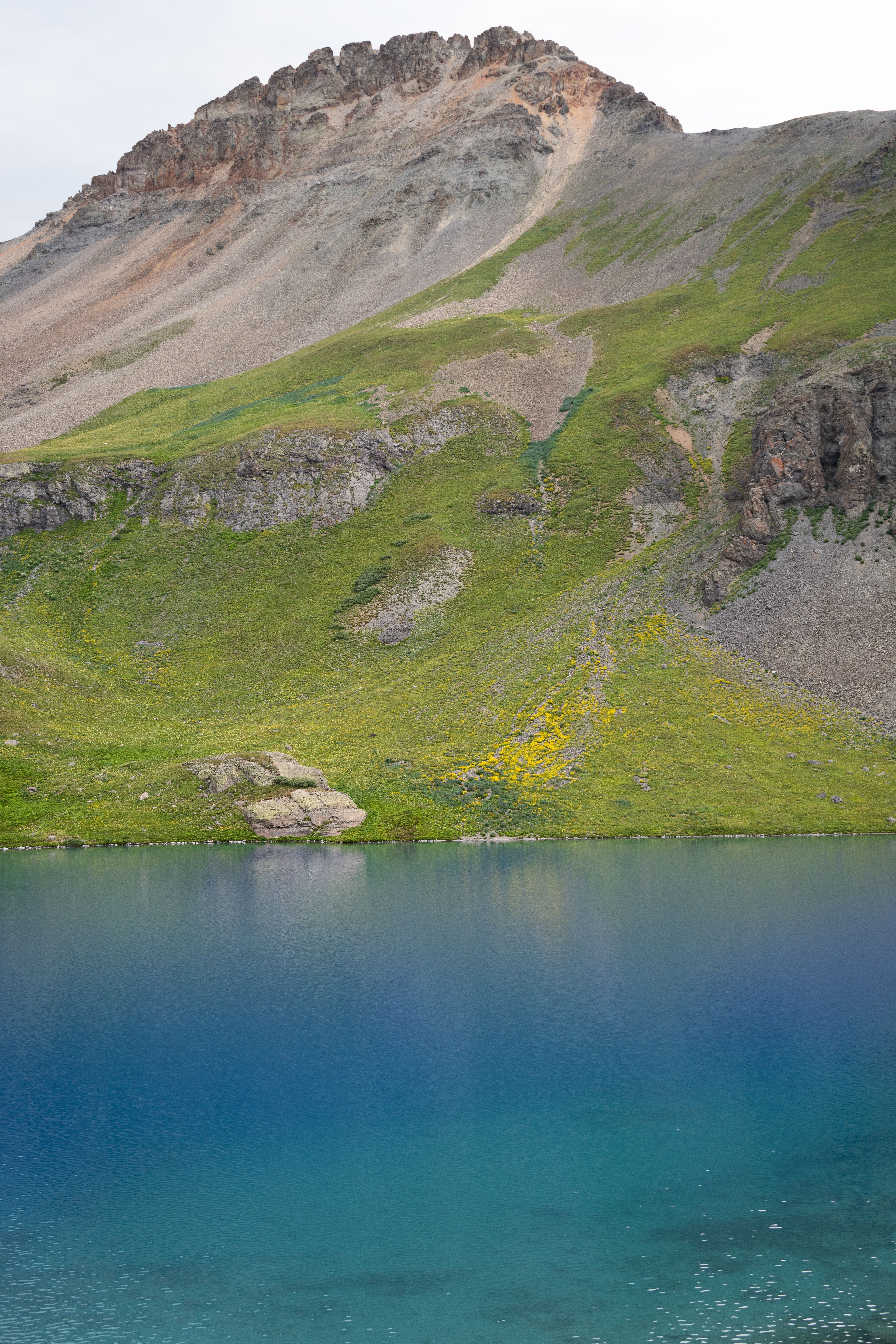A mountain lake with a blue sky and green grass · Free Stock Photo