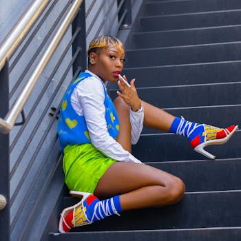 Fashionable woman poses on staircase in bold outfit, showcasing modern urban style in a city setting.