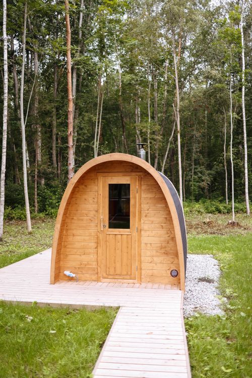 Free Small rustic wooden cabin in a lush forest setting, perfect for a peaceful retreat. Stock Photo