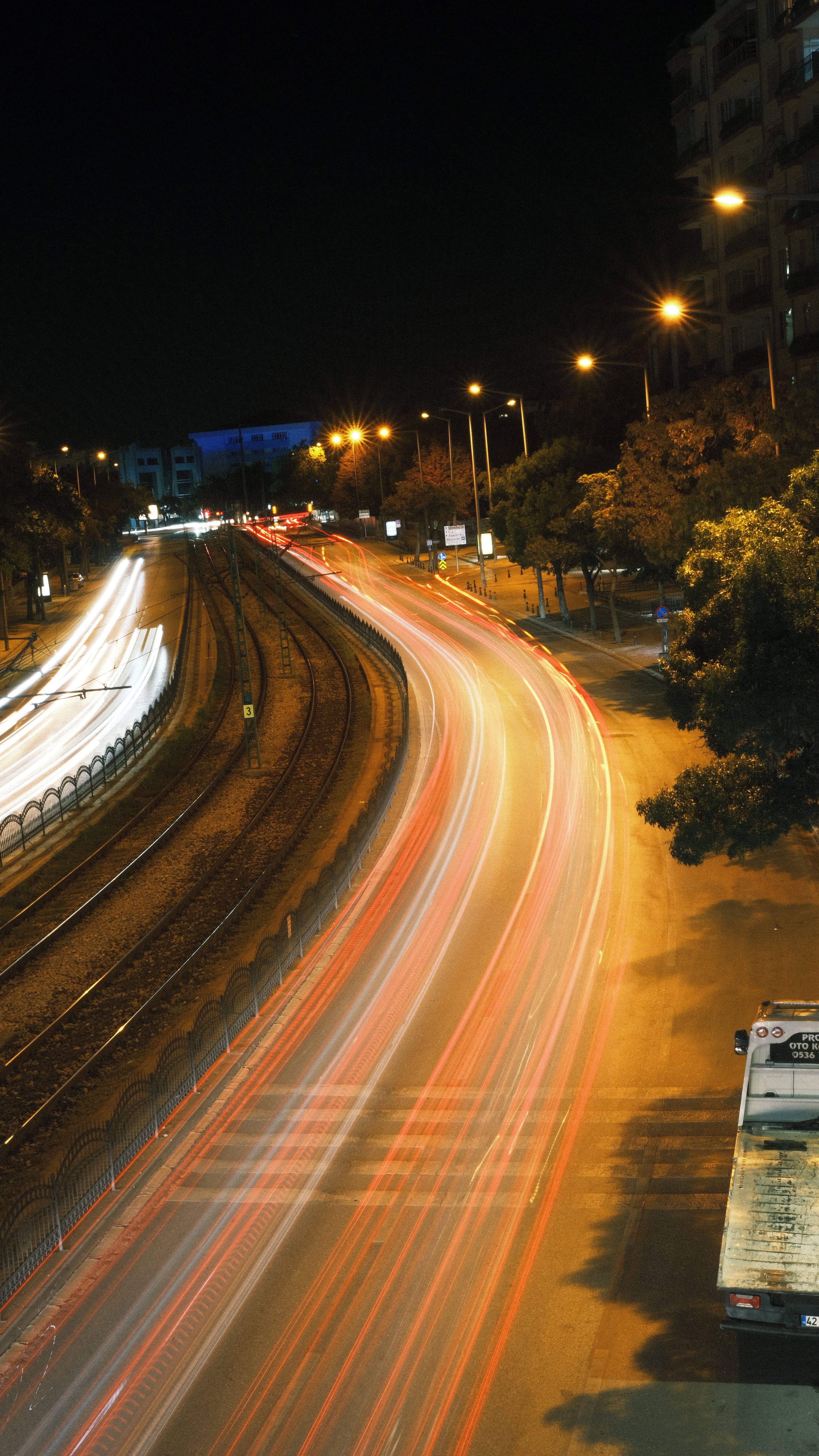 Long exposure of traffic light trails on a city highway at night.. long, exposure, traffic