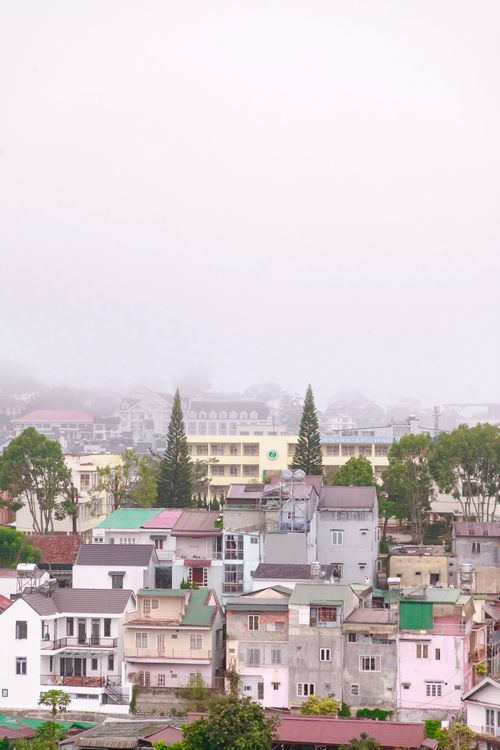 Free A cityscape with pastel-colored buildings and trees under foggy skies. Stock Photo