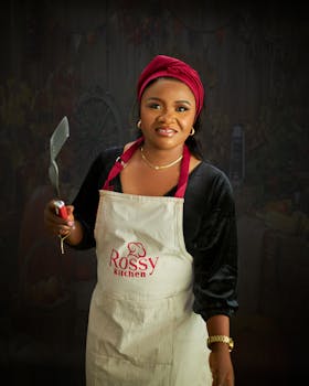 Smiling female chef in traditional attire holds spatula in kitchen setting.
