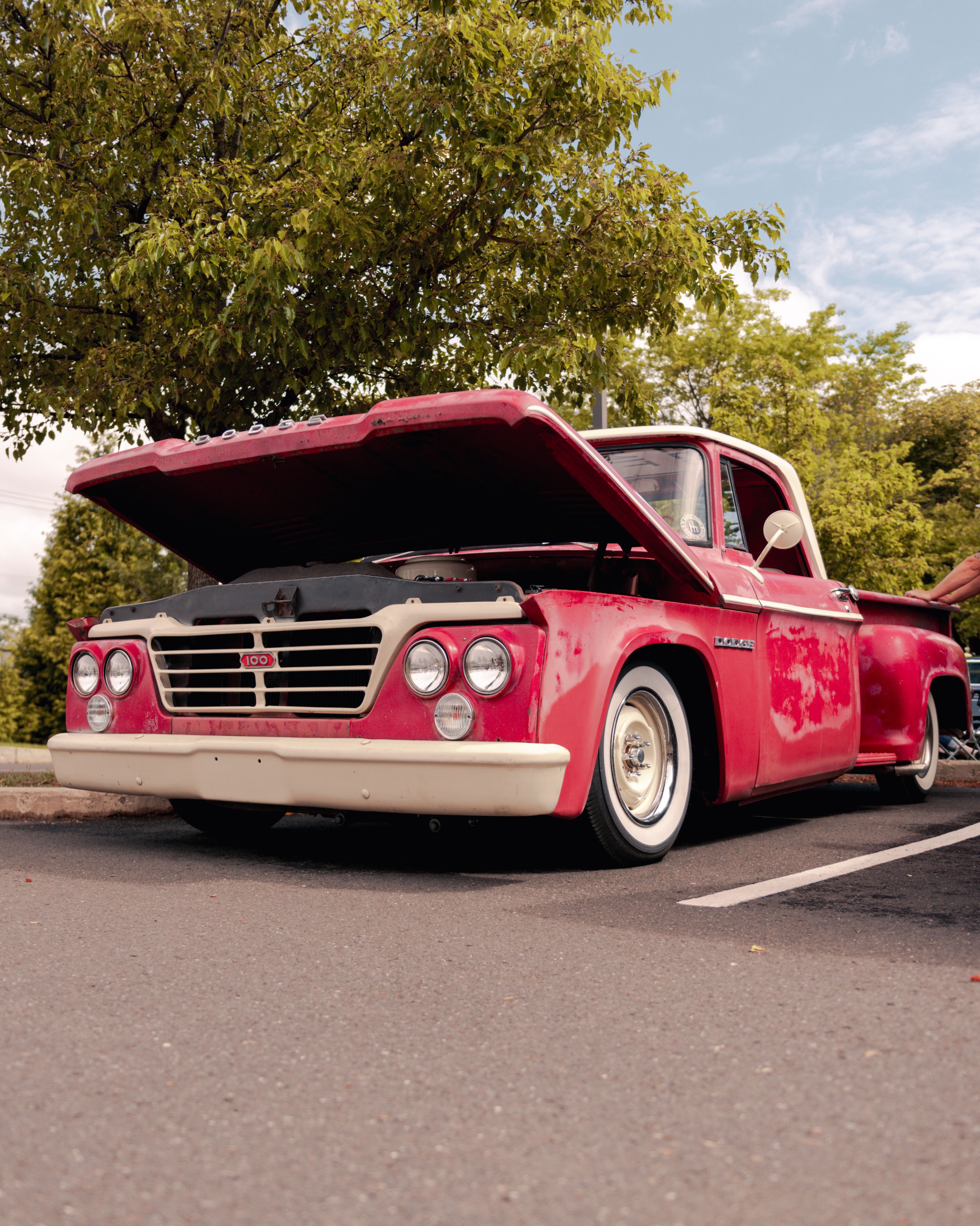 A classic red vintage truck with its hood open parked outdoors under a tree.