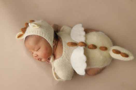 A newborn baby is wearing a knitted costume
