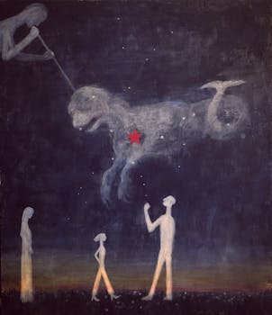 梦幻般的画作描绘了空灵的人物，他们正观察着带有红星的神秘天空生物