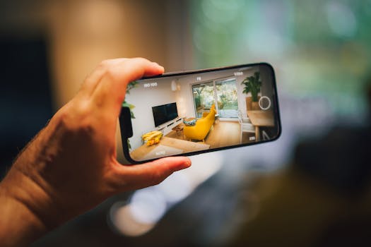 Hand holding smartphone capturing a cozy living room interior with a yellow sofa.