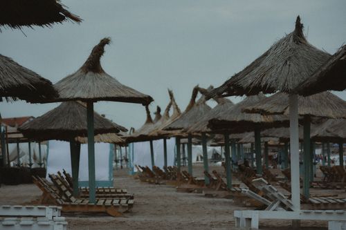 Free Relaxing seaside scene with thatched parasols and wooden lounge chairs on a sandy beach. Stock Photo