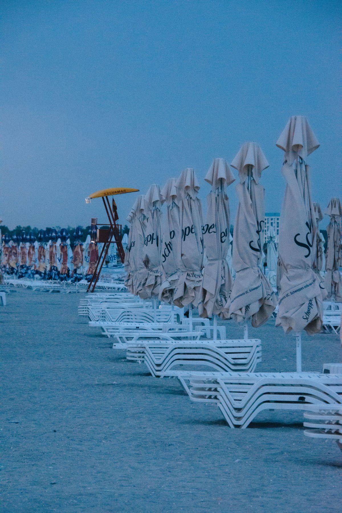 Mamaia centru - șezlonguri și umbrele albe pe plaja stațiunii