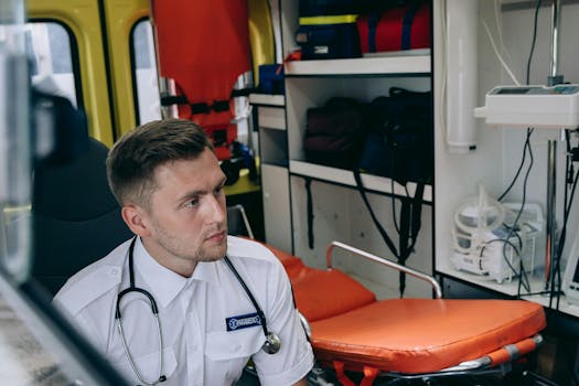 A paramedic with a stethoscope sits inside an ambulance surrounded by medical equipment.