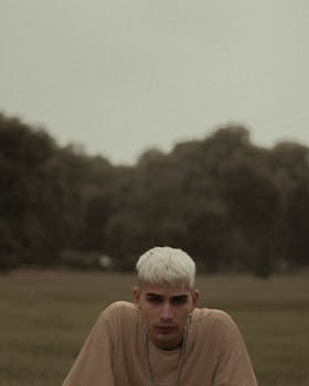 在一个阴沉的夜晚，田野里站着一位年轻的金发男子